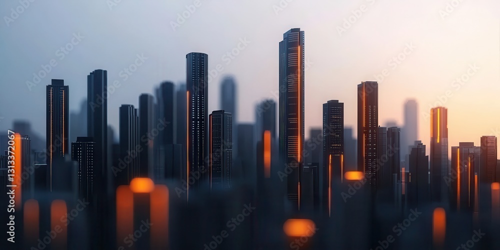 Poster a skyline at dusk with modern skyscrapers illuminated by soft lights, creating a vibrant urban atmos