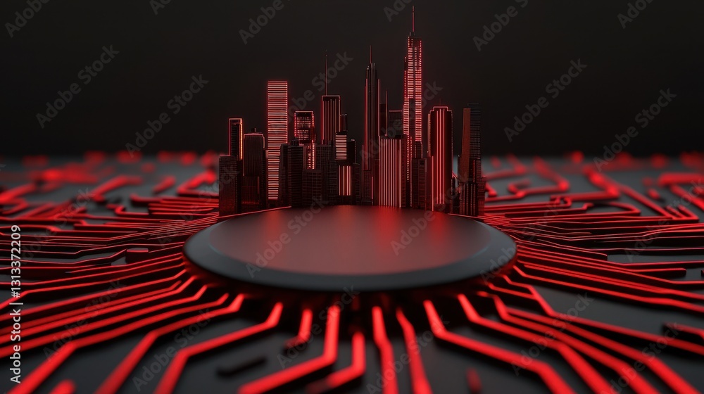 Poster a futuristic cityscape emerges from a circuit board, illuminated in red, representing the fusion of 