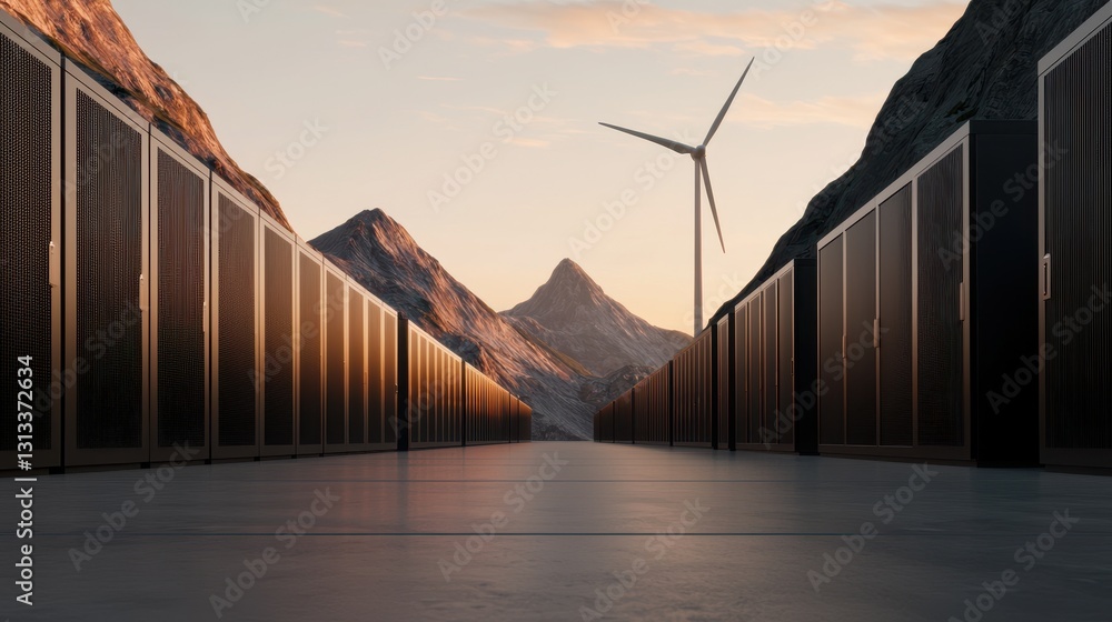 Poster A serene landscape featuring a row of data servers with a wind turbine and mountains in the background, highlighting renewable energy and technology.