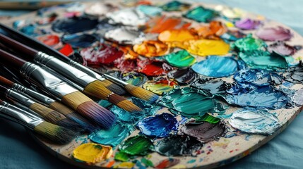 Obraz premium vibrant artist palette filled with colorful paint blobs and brushes, showcasing creativity and artistic expression. array of colors includes blues, greens, reds, and yellows, highlighting
