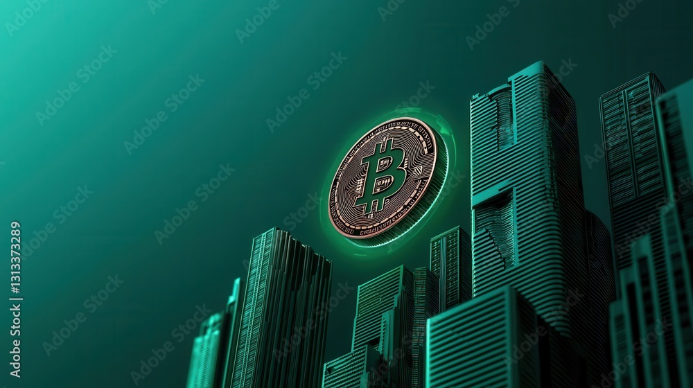 Poster a futuristic cityscape with a glowing cryptocurrency symbol hovering above skyscrapers, highlighting