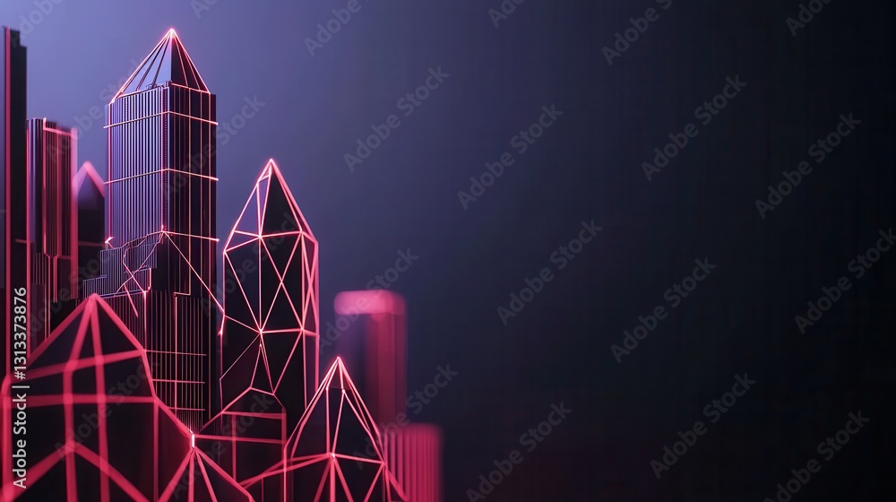 Aufkleber a digital landscape featuring geometric structures in shades of pink, glowing against a dark backgro