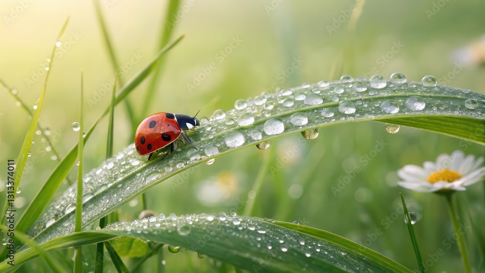 Poster soft-focus macro shot of a ladybug resting on a dew-covered leaf in a spring meadow