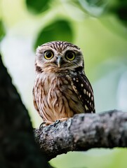 Close-up of a light brown owl perched on a tree branch with yellow eyes, capturing its alert expression and natural habitat