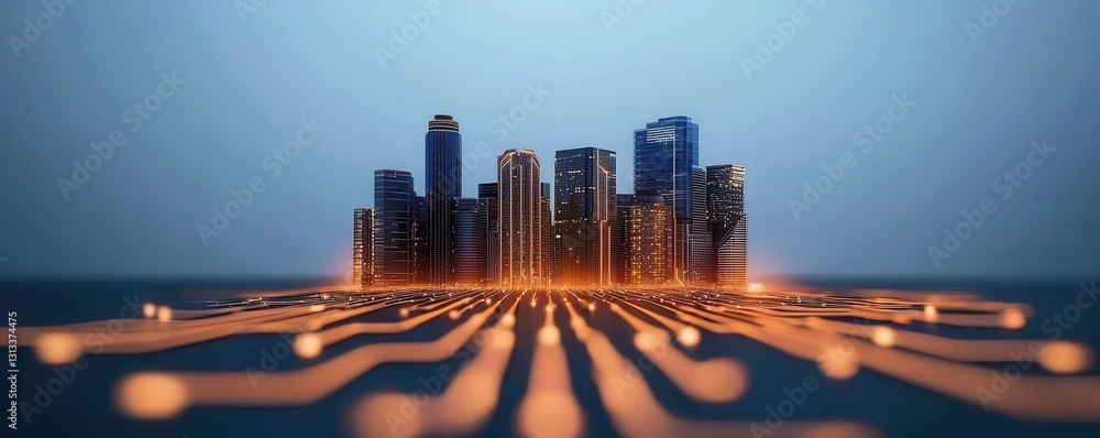 Poster a futuristic city skyline integrated with circuit patterns, symbolizing the fusion of technology and