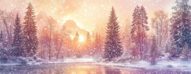 Fototapeta premium A landscape of snowy mountains in winter, with a river and trees creating a wonderland