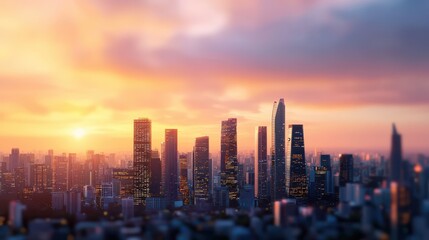 Fototapeta premium A stunning skyline at sunset, featuring modern skyscrapers and vibrant colors in the sky, creating a picturesque urban landscape.