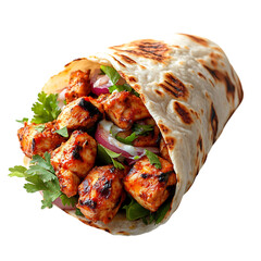 A Savory Chicken Tikka Wrap with Naan and Yogurt Sauce Isolated on Transparent Background
