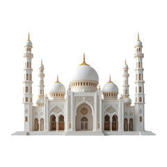 Obraz premium 3D illustration of a magnificent white mosque building with gold ornaments. Isolated on transparent background. 