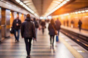 Abstract motion blur of people walking through a busy metro station with warm spring lighting