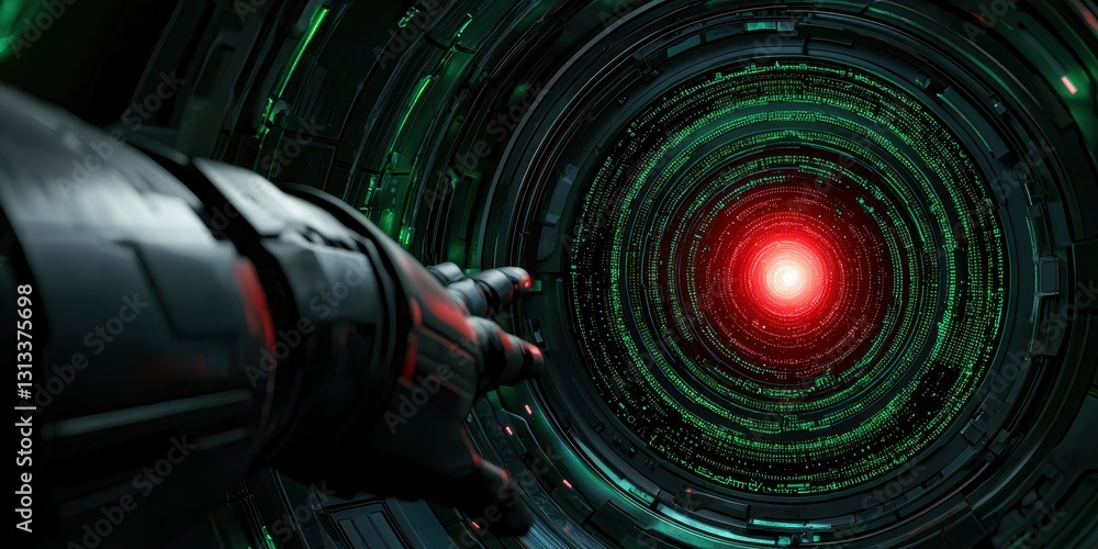 Poster a futuristic hand reaches toward a glowing red center within a swirling vortex of green digital patt