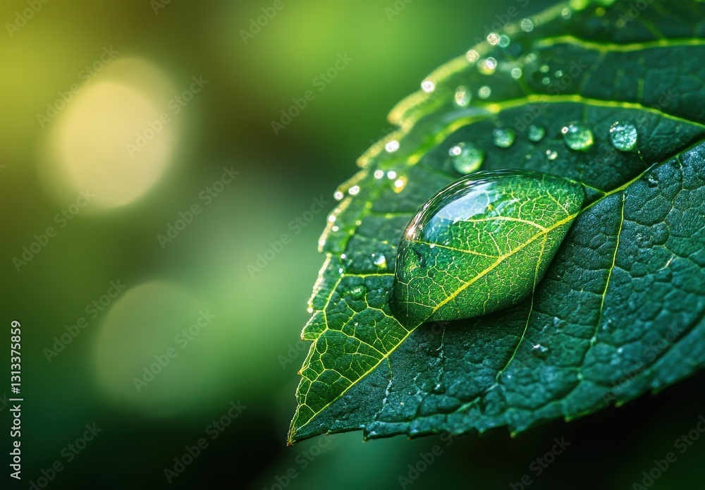 Aufkleber close-up view of dew drops on leaf surface with rich green background and soft bokeh effect, highlig