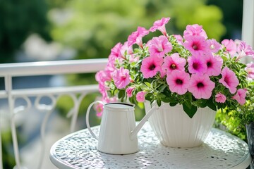 Pretty pink petunias and a white watering can are on the table Metal furniture is on the balcony on a sunny summer day adorned with flowers