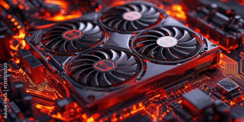 Poster a close-up of a powerful graphics card on a circuit board with glowing red highlights, showcasing fa