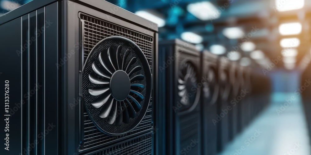 Poster a close-up of high-performance server units with cooling fans, arranged in a modern data center, emp