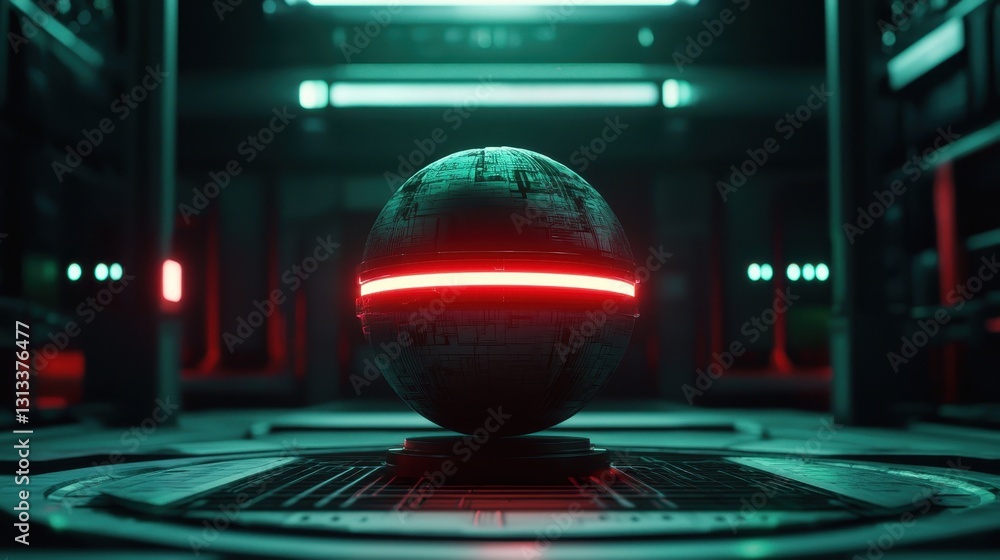 Poster a futuristic, glowing spherical object is centered in a dimly lit, high-tech environment, with green