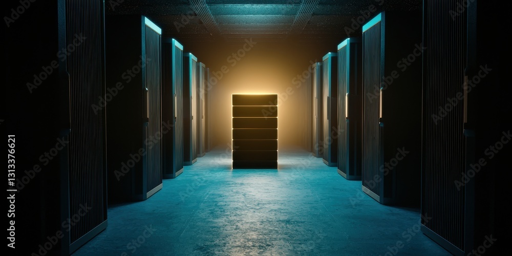 Poster A dimly lit corridor leads to a glowing stack of boxes, creating an intriguing focal point in a high-tech environment.