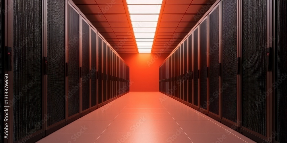 Poster a modern data center hallway with glowing orange lights and rows of server racks, showcasing advance