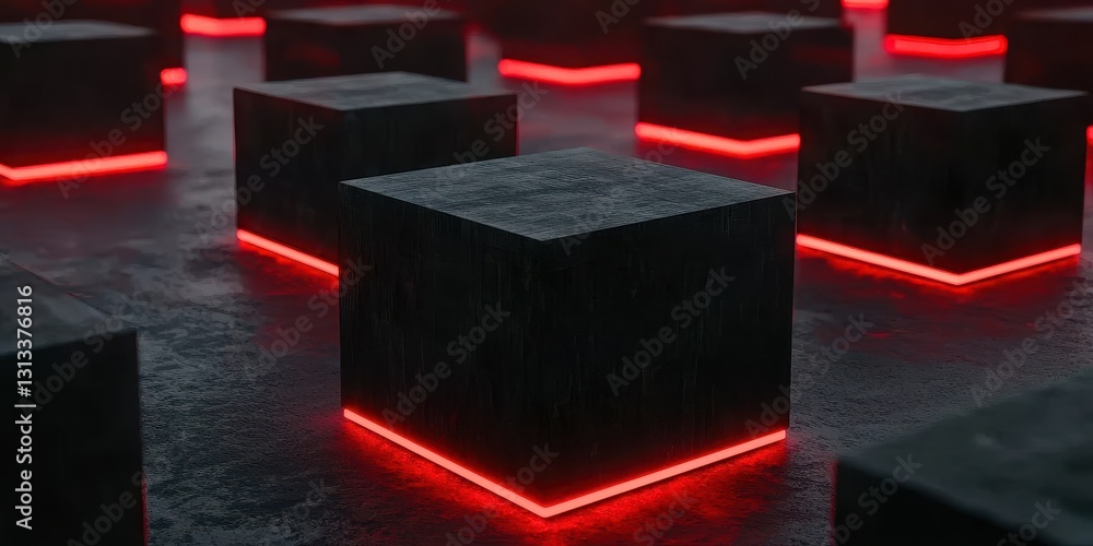 Poster a futuristic scene featuring dark cubes illuminated by glowing red lines, creating a striking contra