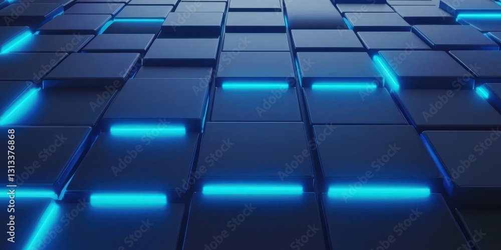 Poster a futuristic grid of dark squares illuminated by vibrant blue lines, creating a visually striking di