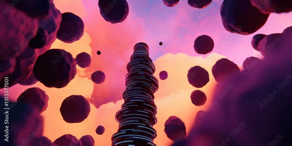Poster A surreal tower rises into a colorful sky filled with floating orbs, creating a dreamlike, otherworldly atmosphere.