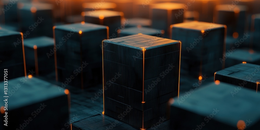 Poster a mesmerizing arrangement of illuminated cubes, showcasing a blend of technology and art in a digita