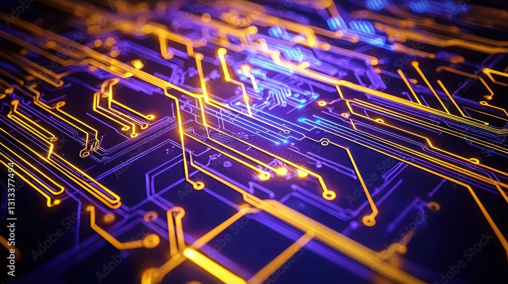 Poster abstract circuit board design with glowing neon lines and patterns