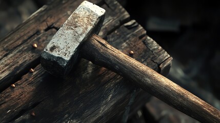 Fototapeta premium A close-up of a weathered hammer resting on a wooden surface, showcasing its rustic texture and craftsmanship.