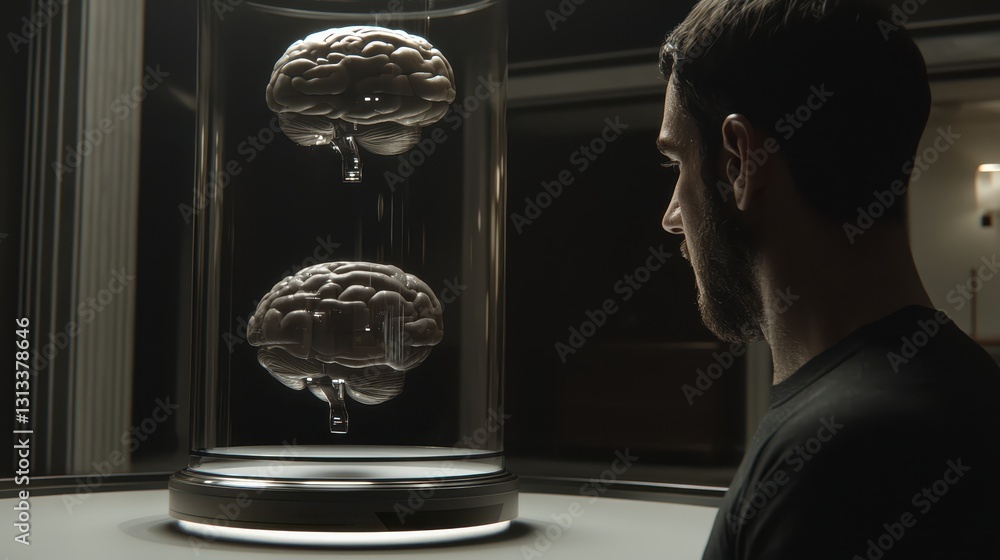 Poster man observing transparent brain models in a modern display room