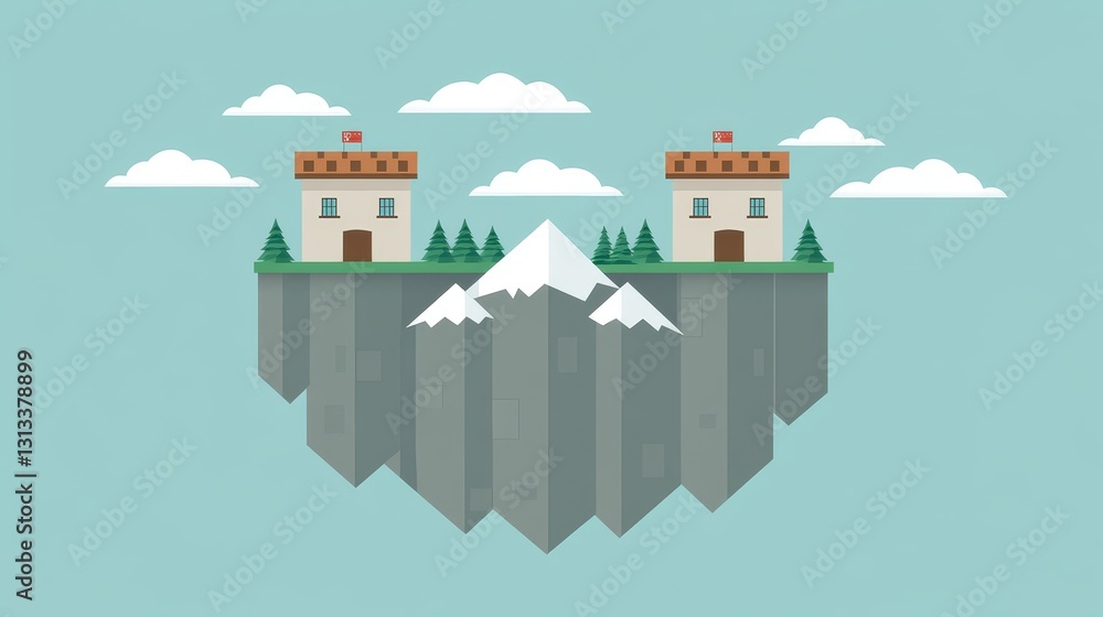 Poster floating island illustration with pixelated houses mountains and clouds creating a whimsical fantasy