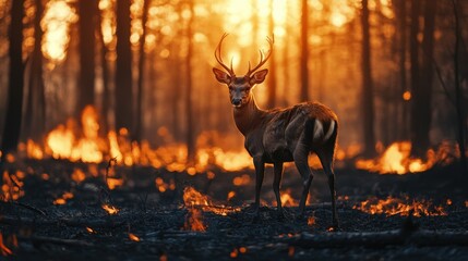 Majestic deer stands in burning forest at sunset. Illustrates wildlife resilience amidst environmental disaster.