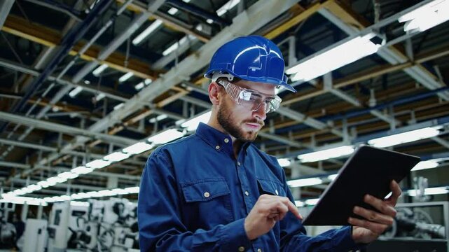 A focused middle-aged Caucasian male factory worker, wearing a blue hard hat and safety glasses, using a tablet to monitor production in a well-lit industrial environment.
