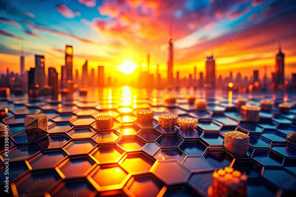 Poster sunset hexagon technology: glowing geometric patterns in tilt-shift miniature