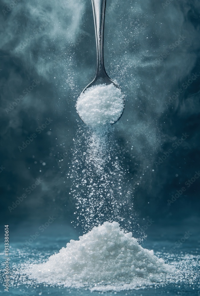 Poster a spoonful of sugar falling into a pile on a dark background with a misty and ethereal quality of su