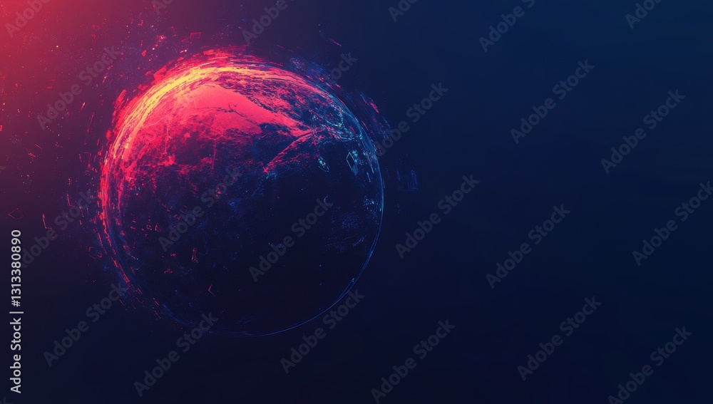 Poster abstract artistic representation of a planet surrounded by atmospheric glow and cosmic elements in a