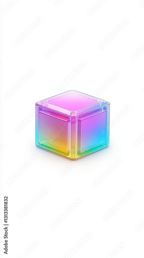 Poster colorful transparent cube with gradient effect on white background
