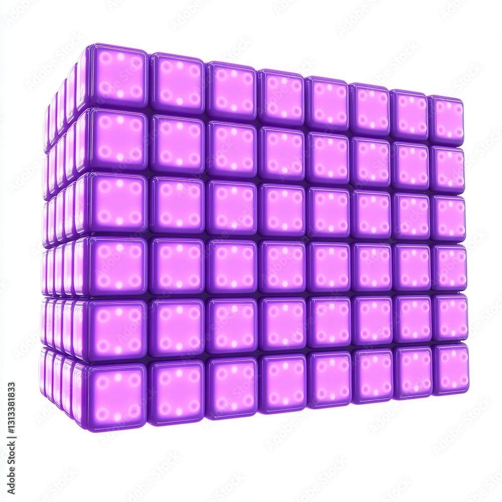 Poster vibrant cube structure made of glossy purple blocks in 3d design
