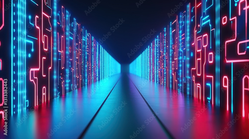 Poster futuristic digital corridor with neon lights and circuit patterns