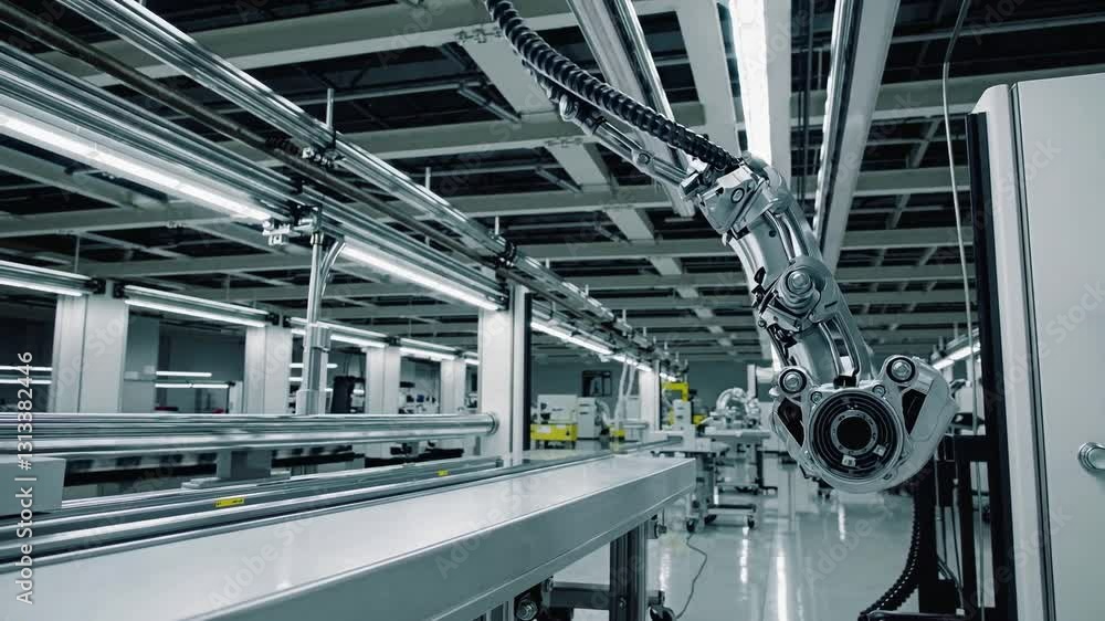 Poster advanced robotic arm operating in a high-tech manufacturing facility: modern industrial automation t