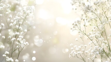 Fototapeta premium Delicate white flowers frame the soft focus glowing background