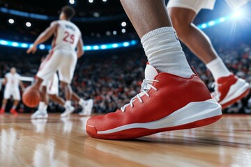 Fototapeta premium Close-up of a basketball player's red shoes on the court during a game