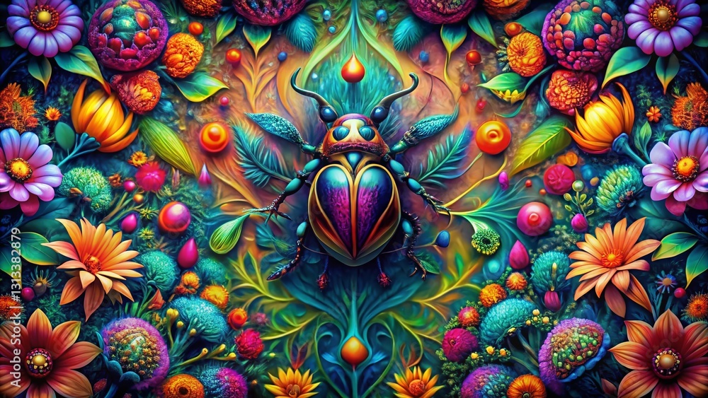 Poster surreal floral background with repeating bug pattern - psychedelic nature stock photo
