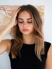 Obraz premium Serene portrait of a young woman with long wavy hair in black top, eyes closed and hand on head