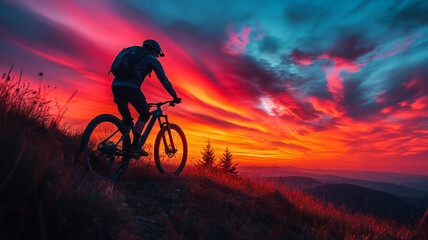 Obraz premium mountain biker enjoys vibrant sunset, silhouetted against colorful skies. scene captures thrill of adventure and nature beauty