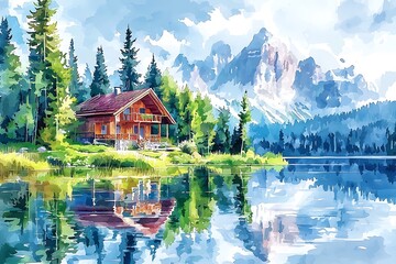 Fototapeta premium Serene Lakeside Cabin Retreat A Watercolor Painting of a Mountain Cabin.