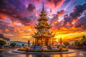 Surreal Golden Clock Tower Chiang Rai: Dreamlike Sunset Landscape Photography