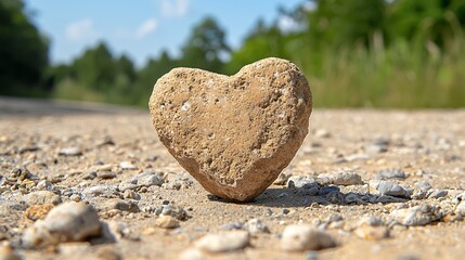 Obraz premium Heart Shaped Stone on Gravel Road in Sunny Day