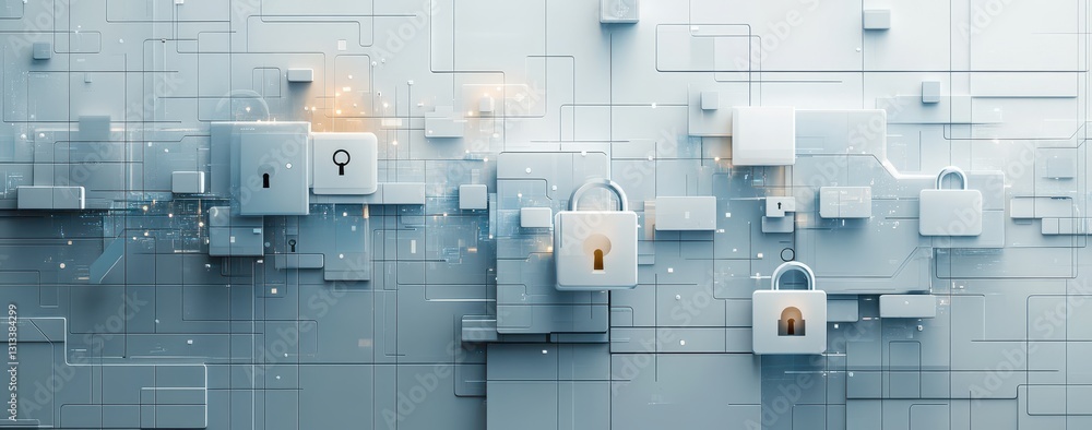Poster abstract digital background with padlocks and key icons representing cybersecurity, data protection,
