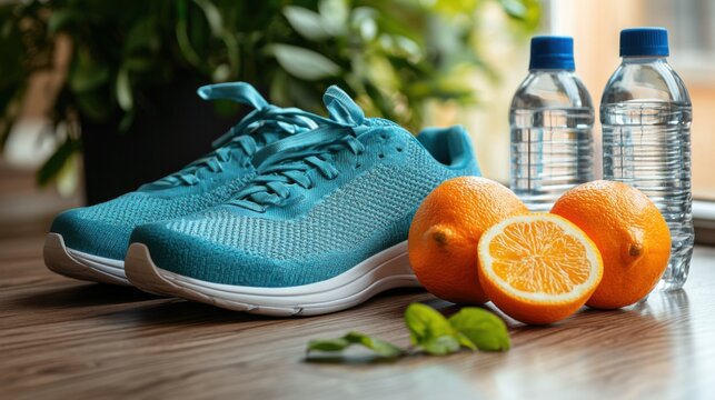 Fitness and Wellness Essentials with Sneakers and Fresh Oranges