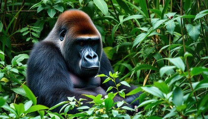 Obraz premium Powerful silverback gorilla sits amidst lush green vegetation, silverback, powerful